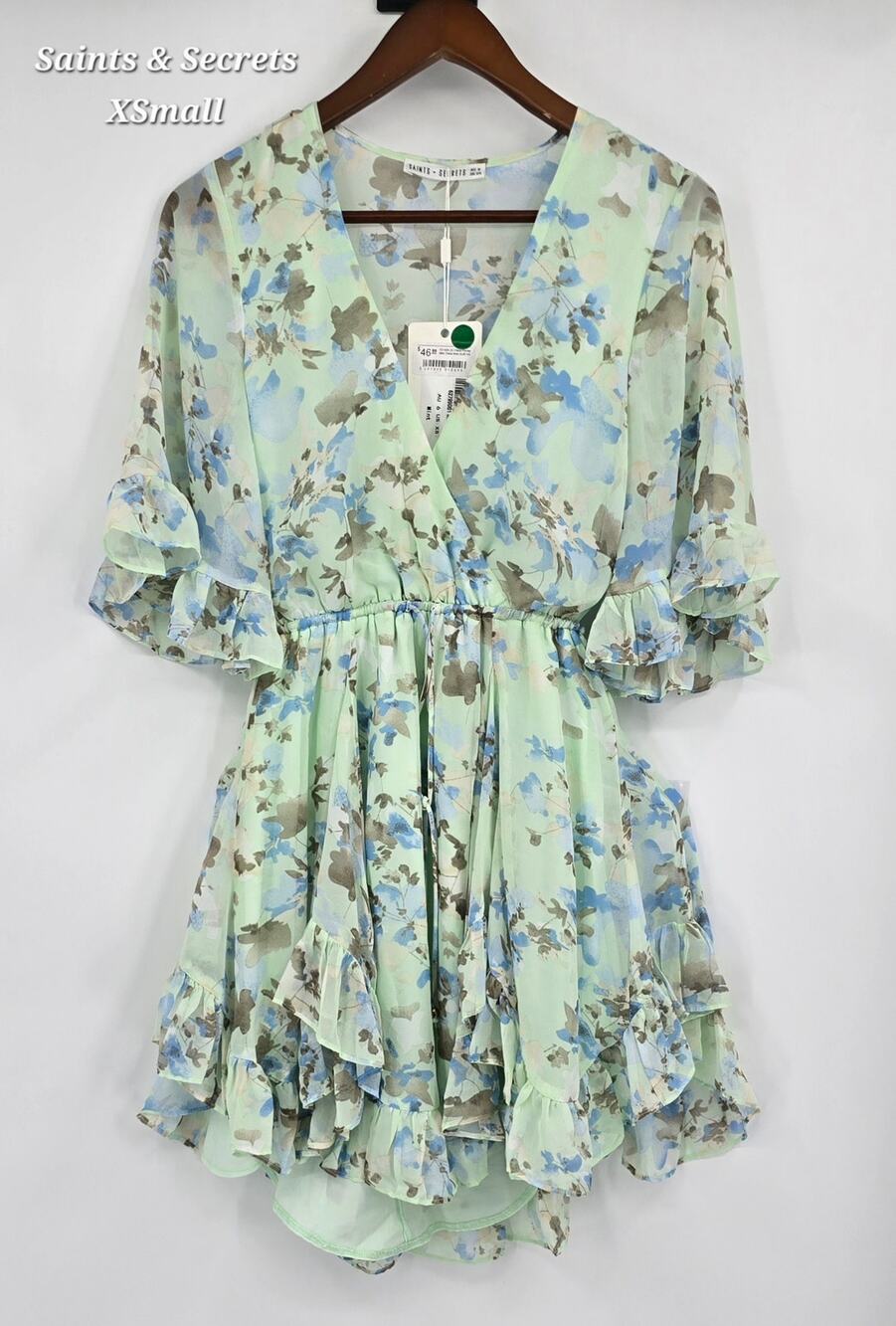 Saints + Secrets Mint Floral Ruffle Mini Dress XS Cottagecore Romantic Chiffon
